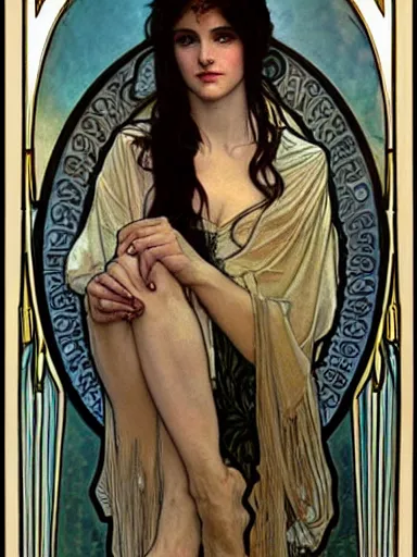 Prompt: a beautiful painting of young winona ryder by Alphonse Mucha and by Mark Brooks and by john william waterhouse and by arthur rackham, Art Nouveau, Neo-Gothic, gothic, award winning painting, hyperdetailed, detailed