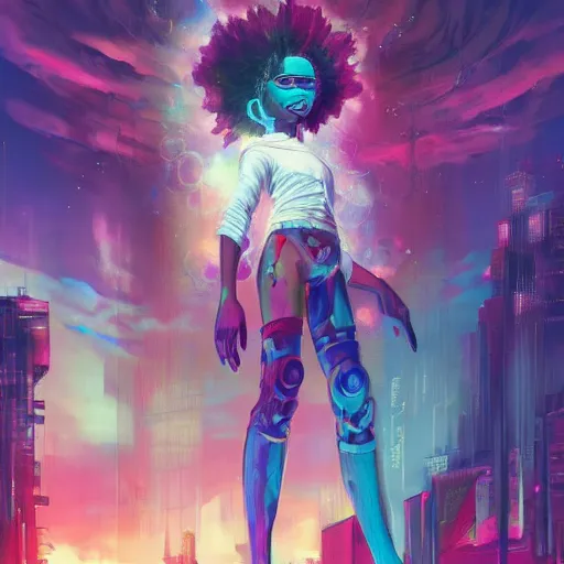 Image similar to afro - cyberpunk deities unseen amongst their creations, gods and men, a society manifesting dreams with cosmic ancestral magic in a modern world | hyperrealistic oil painting | by makoto shinkai, ilya kuvshinov, lois van baarle, rossdraws, basquiat | afrofuturism, in the style of surrealism, trending on artstation | dark color scheme