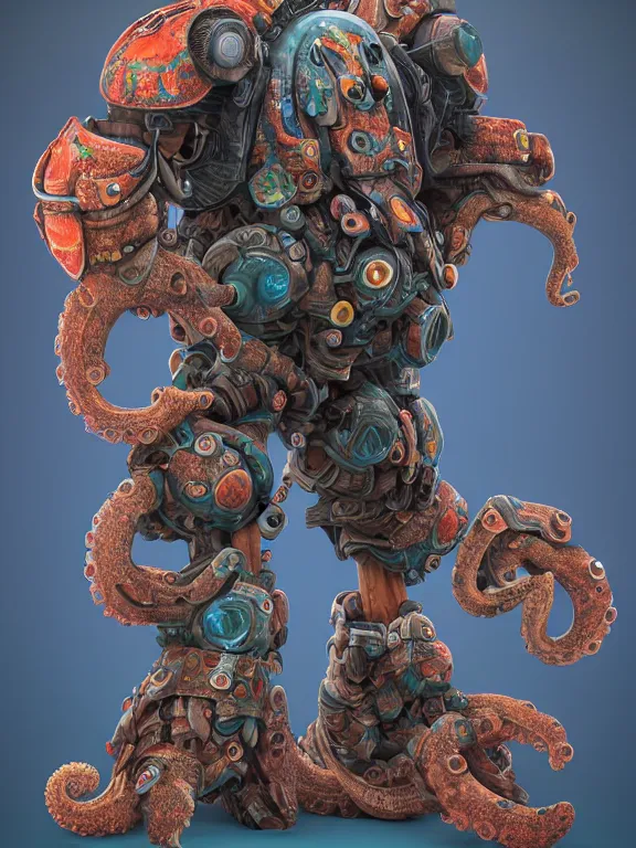 Prompt: full body frontview portrait of warrior in octopus mech, character design, designed in blender, 4 k hd, octane render, intricate and highly detailed, coloured with lots of colour, posing