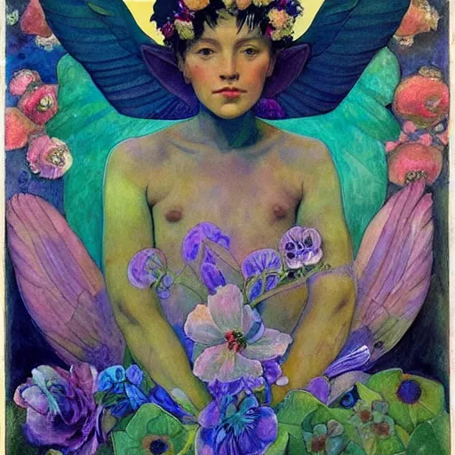 Image similar to the flower crown, by Annie Swynnerton and Nicholas Roerich and Diego Rivera, bioluminescent skin, tattoos, wings made out of flowers, elaborate costume, geometric ornament, symbolist, cool colors like blue and green and violet, smooth, sharp focus, extremely detailed