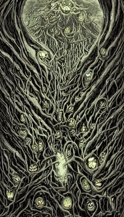 Image similar to a storm vortex made of many demonic eyes and teeth over a forest, by steve argyle