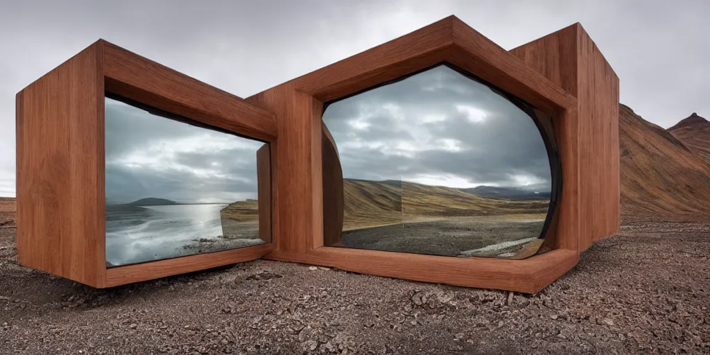 Prompt: futuristic architect house made from deconstucted ash wood and mirrors, floating, portal, iceland landscape photography, by lurie belegurschi and gunnar freyr