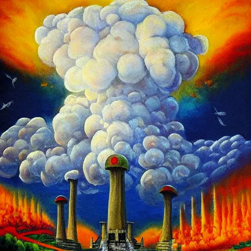 Image similar to nuclear mushroom cloud, fall of rome, epic painting