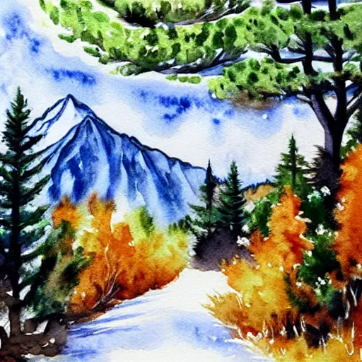 Image similar to https : / / s. mj. run / ykodba 4 hx 8 w, watercolor mountains painting, white swirls, forest