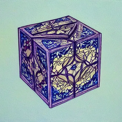 Image similar to beautiful painting of companion - cube!!!!!!!!!!!!!!!!! companion - cube!!!!!!!!!!!!!!!!!, art nouveau. by william morris, gaudy colors. intricate linework. sharp edges.