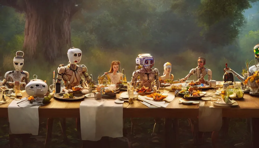 Image similar to a table dinner of humanoid robots where robots are dressed like the characters from the midsommar movie, realistic detailed digital art by maxwell boas jessica rossier christian dimitrov anton fadeev trending on artstation cgsociety rendered in unreal engine 4 k hq