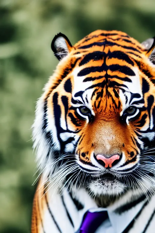 Prompt: high quality portrait photo of a tiger dressed in a dark business suit and tie, Anthropomorphic, photography 4k, f1.8 bokeh, 4k, 85mm lens