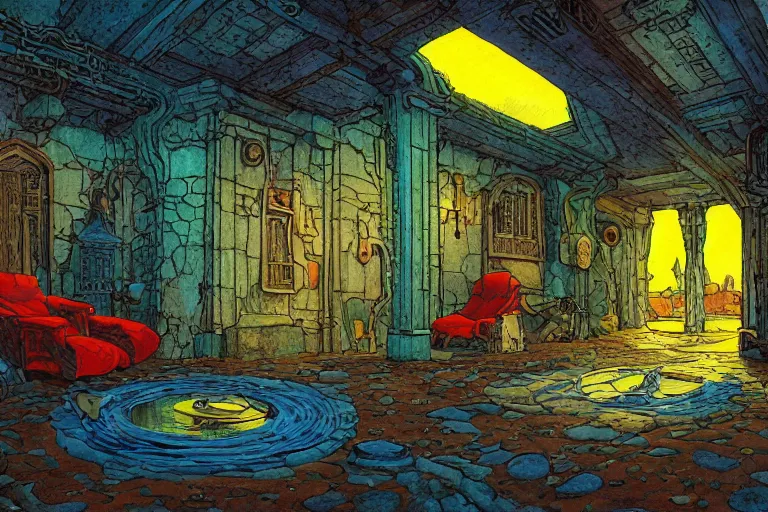 Prompt: paralyzing POINT PERSPECTIVE DUNGEON haven ROOM filled with terbium, painted by Edward Gorey and Moebius and Greg Rutkowski and Paul Wenzel and George Barr and Stephen Youll,trending on artstation, iridescent cool blue and cyan and red and blue and yellow and green lighting front view futuresynth , outrun , vibrant colors, Sabattier filter , Watercolor