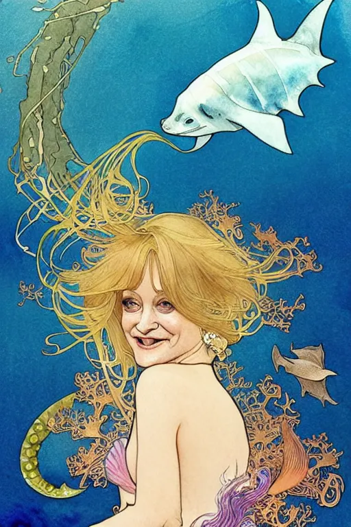 Image similar to a beautiful intricate watercolor illustration of goldie hawn as a mermaid swimming with a manta ray in a coral reef, tropical fish and octopus and coral, 4 k, ultra - wide angle, by william turner, by victo ngai, by alphonse mucha, by miho hirano, by moebius, hd, trending on artstation, hyper detailed, muted intense colors