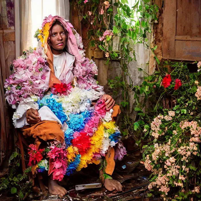 Prompt: closeup portrait of a woman with a hood made of flowers and rainbows, sitting in a chair in an abandoned house, by Annie Leibovitz and Steve McCurry, natural light, detailed face, CANON Eos C300, ƒ1.8, 35mm, 8K, medium-format print