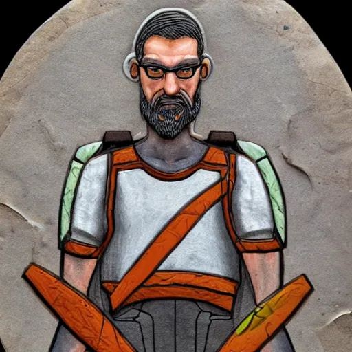 Image similar to ancient art work depicting gordon freeman, 8 k, very detailed, very intricate,