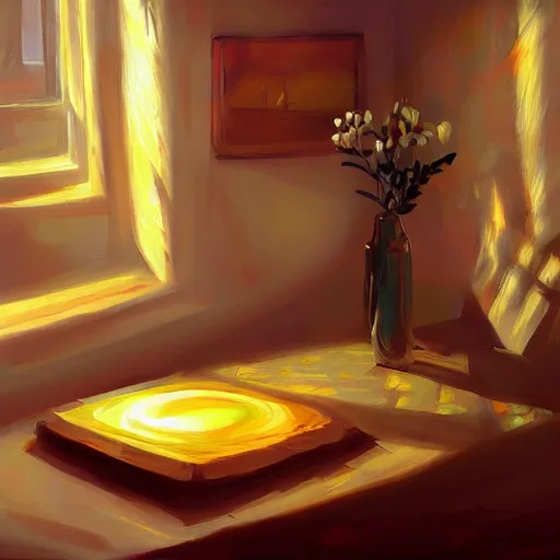 Image similar to Table with a sun painting, digital Painting, ultradetailed, artstation, oil Painting, ultradetailed, artstation