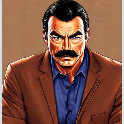 Image similar to ultra realistic portrait painting of tom selleck, art by akira toriyama, 4 k, dragon ball artstyle, cel shaded, highly detailed, epic lighting