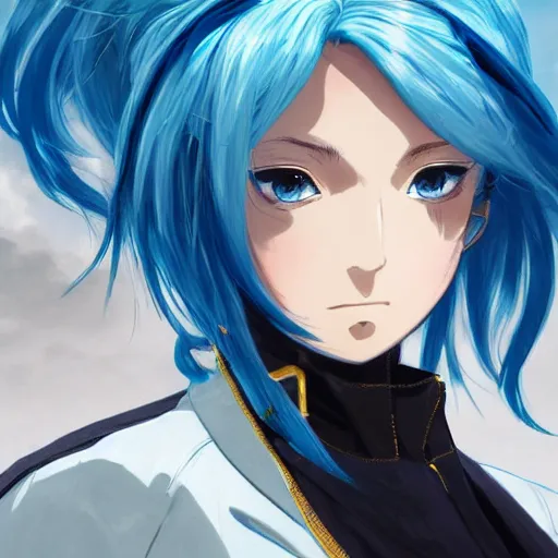 Image similar to side profile of rimuru tempest with sky blue hair, ponytail, gold eyes, black jacket with white stripes and a high collar, detailed face | highly detailed, roman city | professional digital art, concept art, award winning photography, cinematic, wlop | art by pixiv art, ilya kuvshinov, greg rutkowski, yoshitaka amano