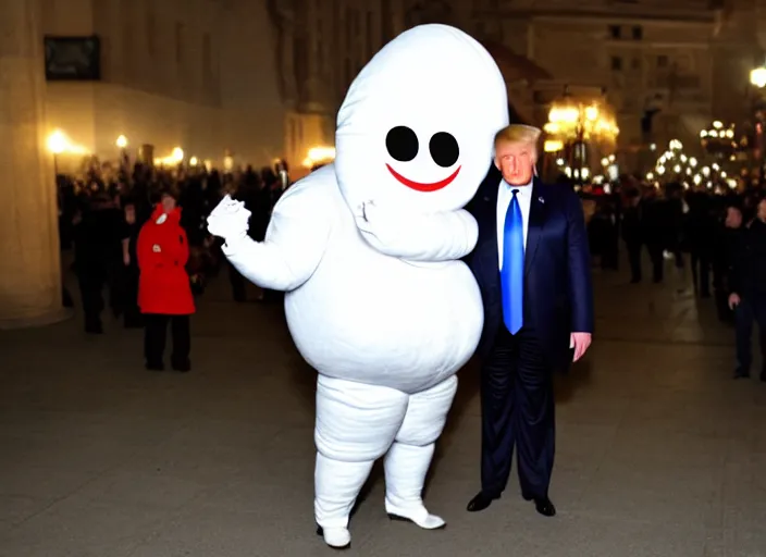 Prompt: donald trump dressed as the michelin man, flash photograph,