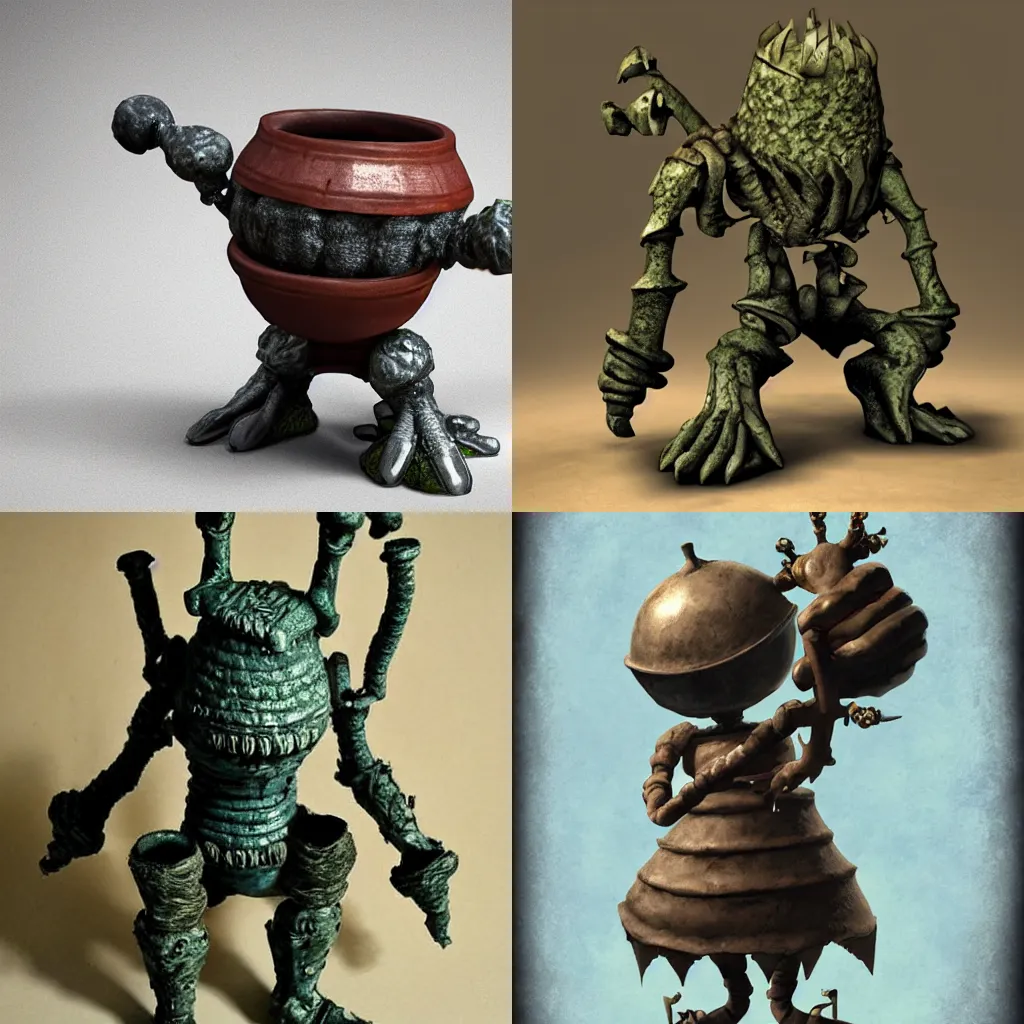 Prompt: pot with arms and legs, in the style of dark souls