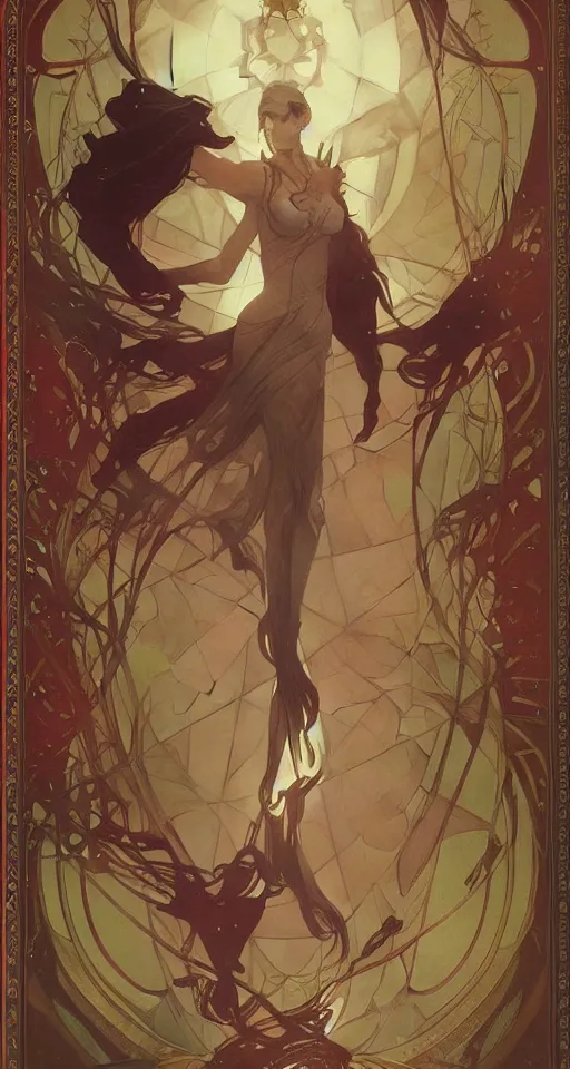 Image similar to the star tarot card, elegant, dramatic lighting, graphic art, volumetric lighting, sharp focus, detailled, by Krenz Cushart and Artem Demura and Alphonse Mucha