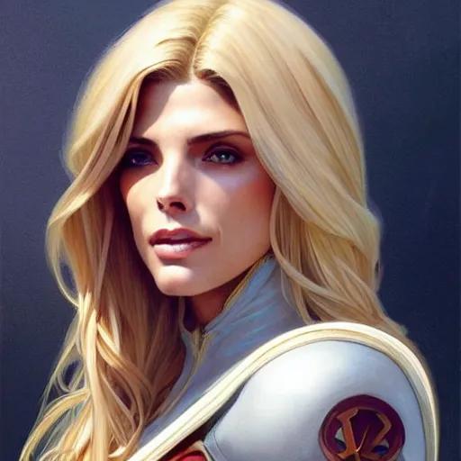 Image similar to Ashley Greene with blonde hair as Power Girl, western, D&D, fantasy, intricate, elegant, highly detailed, digital painting, artstation, concept art, matte, sharp focus, illustration, art by Artgerm and Greg Rutkowski and Alphonse Mucha