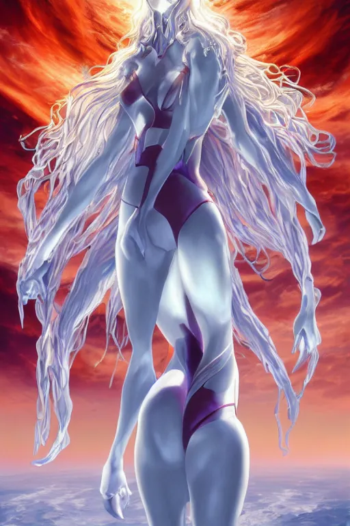 Image similar to poster for the end of Evangelion Apollo the sun God, glowing white skin, angelic augmented cyborg with very very long curly blond hair, fantasy, intricate, elegant, dramatic lighting, emotionally evoking symbolic metaphor, highly detailed, lifelike, photorealistic, digital painting, artstation, concept art, smooth, sharp focus, illustration, art by John Collier and Albert Aublet and Krenz Cushart and Artem Demura and Alphonse Mucha