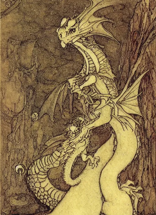 Image similar to fantasy cute small dragon in a room by john bauer, arthur rackham