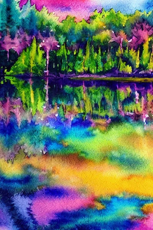 Prompt: beautiful colorful watercolor painting of trees reflecting on the lake