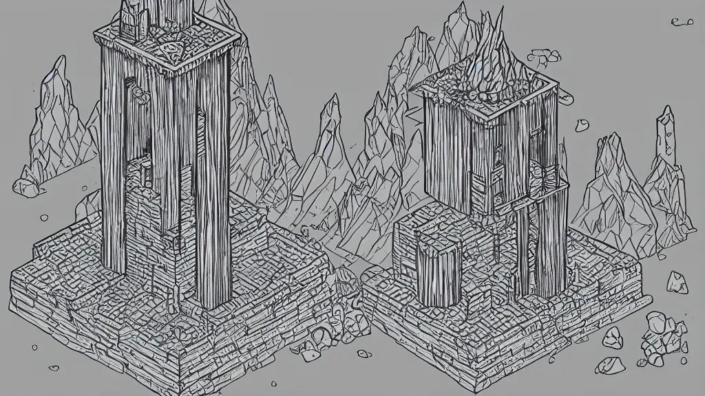 Image similar to isometric view of a solar punk wizard tower that's surrounded by rocks and mountains, lineart.
