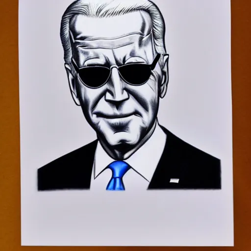 Prompt: pencil drawing of joe biden with sunglasses on a white background in the style of charles burns