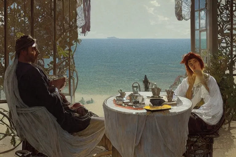 Image similar to a matte painting of a man sitting down and having a cup of tea in his house by the beach, by greg rutkowski, alphonse mucha, muted colors