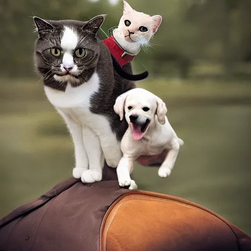 Image similar to cat riding a dog into battle, photography