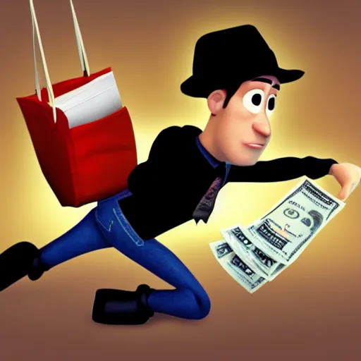 Image similar to thief escaping a robbery with a bag of money. pixar style