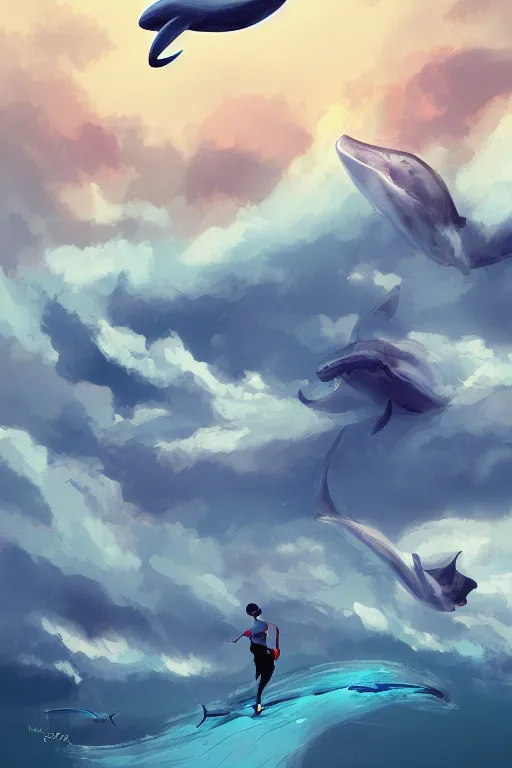 Image similar to people playing baseball while whales fly in the sky, digital art, artstation trending, digital painting