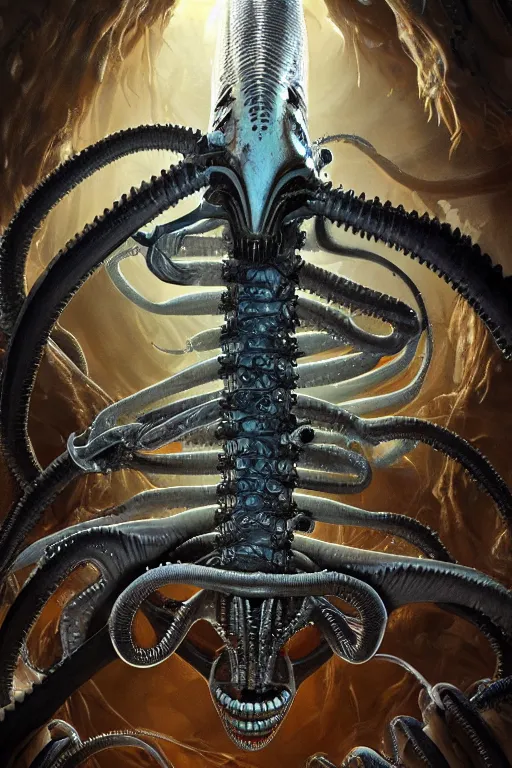 Image similar to underwater xenomorph alien mixed with sharks extra teeth, tentacles, emerging from labyrinth, highly detailed, digital painting, artstation, concept art, smooth, sharp focus, illustration, unreal engine 5, 8 k, art by david levy and carlos huante and ifbb pro fitness photograph