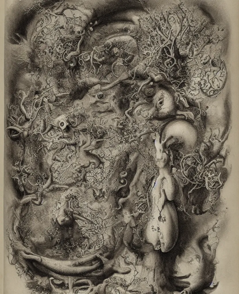 Image similar to whimsical freaky creature sings a unique canto about'as above so below'being ignited by the spirit of haeckel and robert fludd, breakthrough is iminent, glory be to the magic within