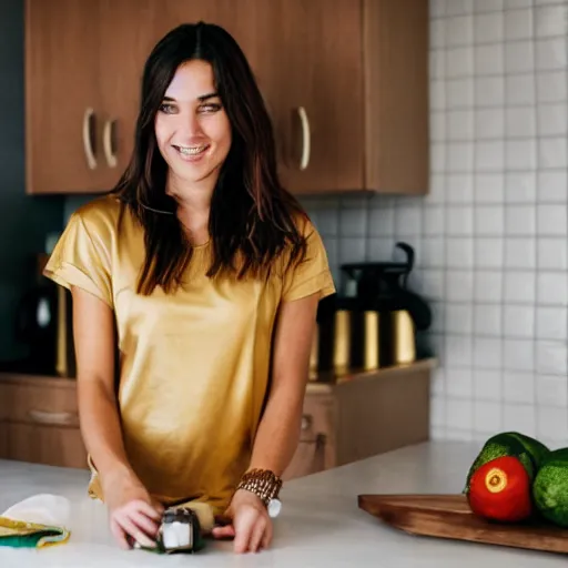 Image similar to a candid photo of a brunette female, young, athletic, australian, wearing a gold tshirt in a kitchen