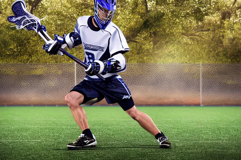 Image similar to lacrosse player, soccer field, cascade helmet, realistic, running, very detailed, 8k, high resolution, ultra realistic, no grain, symmetry, normal proportions, sports illustrated style, Cascade XRS Custom Lacrosse Helmet, brine lacrosse stick, Brine Lacrosse King V Gloves, normal feet, Nike Alpha Huarache 7 Elite, STX Surgeon 700 Lacrosse Arm Guards