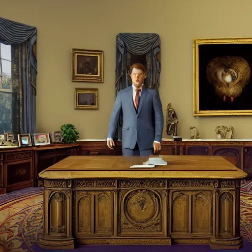 Image similar to hyperrealistic mixed media image of a illustrious duck in a tiny blazer and tie standing in the desk in the oval office, stunning 3 d render inspired art by istvan sandorfi and greg rutkowski, perfect facial symmetry, realistic, highly detailed attributes and atmosphere, dim volumetric cinematic lighting, 8 k octane extremely hyper - detailed render, post - processing, masterpiece,