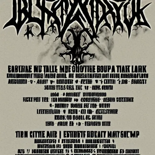 Image similar to black metal concert flyer, black metal logos, unreadable, 3 band lineup