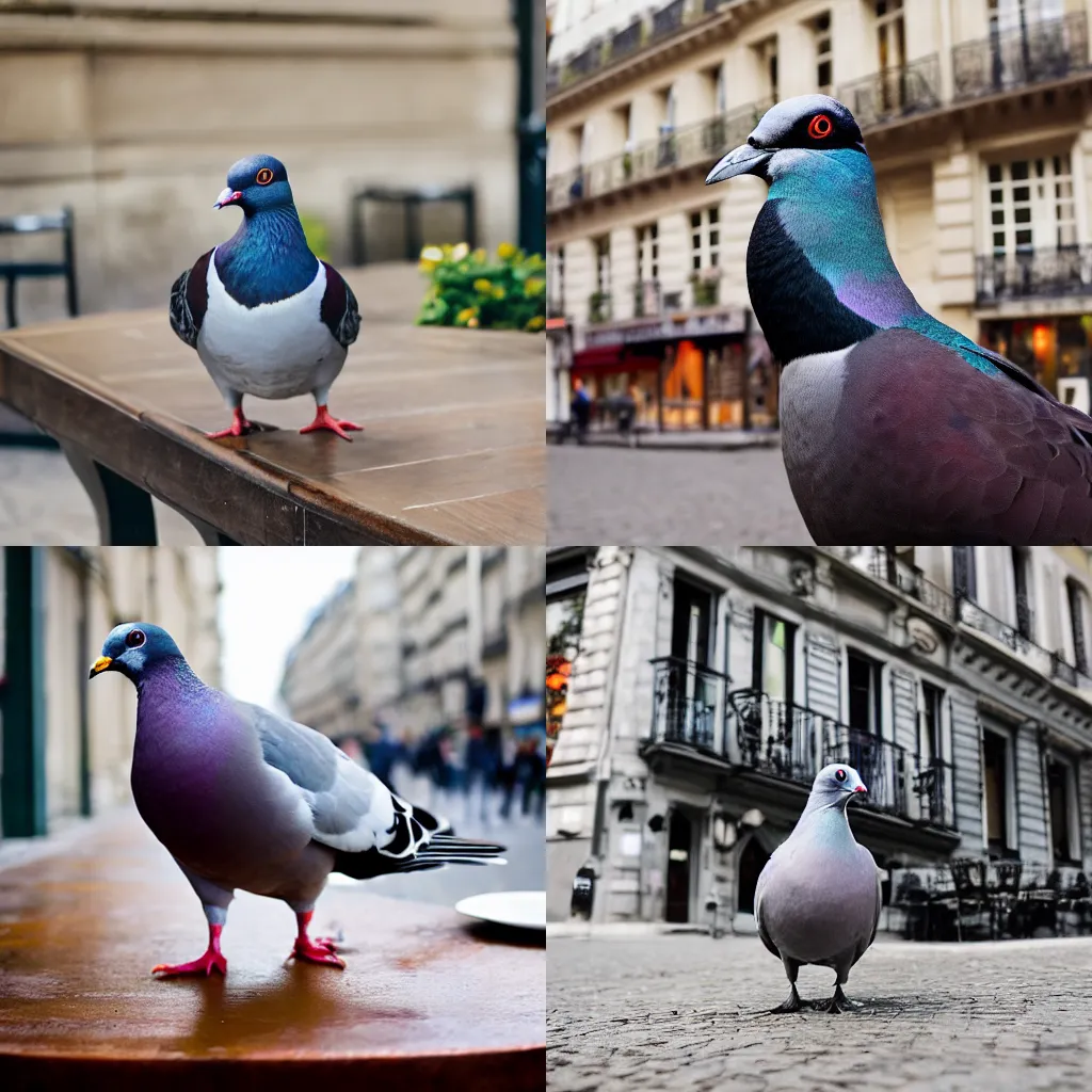 Prompt: an argentic photography of a pigeon wearing a suit at a Parisian cafe