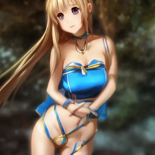 Prompt: a very beautiful young yuuki asuna, full body, long wavy blond hair, sky blue eyes, full round face,, shiny golden bikini, miniskirt, front shot, highly detailed, cinematic wallpaper by stanley artgerm lau