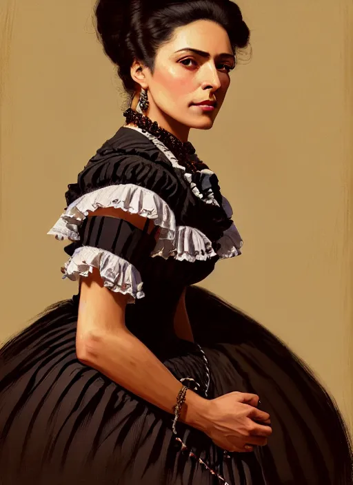 Image similar to 3 / 4 view of a portrait of a hispanic woman in victorian clothing, confident pose, intricate, elegant, sharp focus, illustration, highly detailed, concept art, matte, trending on artstation, anime, art by james jean and artgerm and brian despain and alberto mielgo, greg rutkowski, wlop, ilya kuvshinov, strong strokes