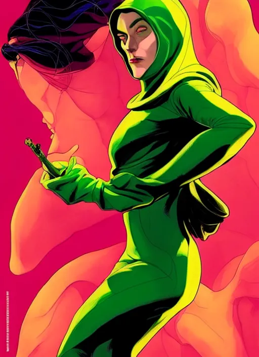 Image similar to Rafeal Albuquerque comic art, Joshua Middleton comic art, cinematics lighting, sunset colors, pretty Marion Cotillard comicbook villain, green dress with a black hood, yellow eyes, angry, symmetrical face, symmetrical eyes, full body, flying in the air, night time, red mood in background