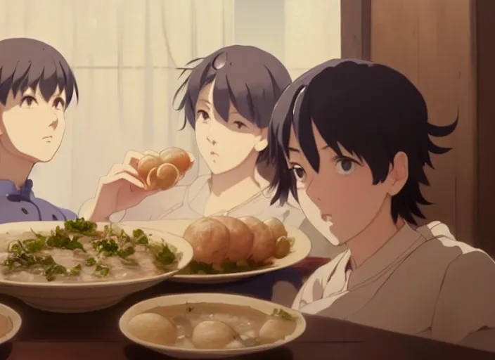 Image similar to a film still portrait of a bowl with raviolli, finely detailed features, closeup at the food, perfect art, at a dinner table, gapmoe yandere grimdark, trending on pixiv fanbox, painted by greg rutkowski makoto shinkai takashi takeuchi studio ghibli, akihiko yoshida