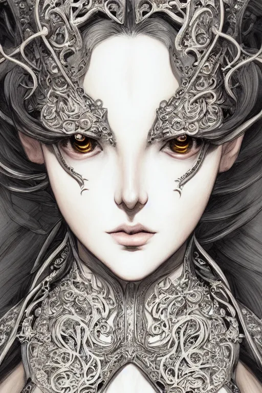 Image similar to portrait of a woman's face, baroque style, elegant, beautiful, intricate lining, mesmerizing, concept art, fancy clothing, highly detailed, artstation, trending, inspired by innocent manga, inspired by castlevania concept art, by ayami kojima, shinichi sakamoto