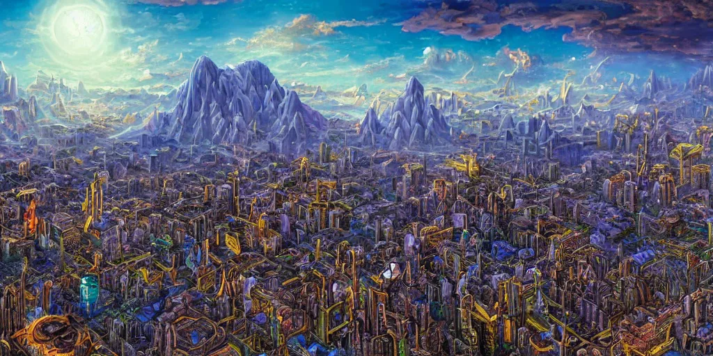 Image similar to balanced fantasy masterpiece, bird's eye vista view, high - tech atlantean civilization, mayan, chrome, gold, amethyst, highrise city, extremely detailed, distant mountains, bright clouds, luminous sky, bright cinematic lighting, michael cheval, michael whelan, airbrush digital oil painting, vray, 8 k hd