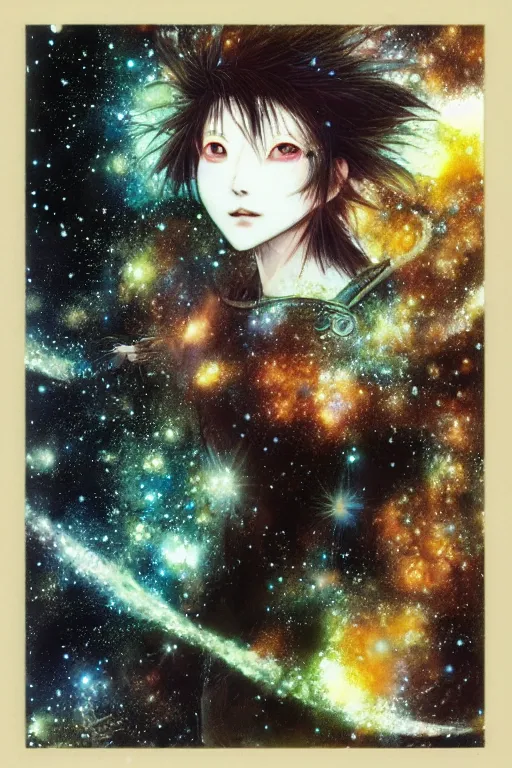 Prompt: yoshitaka amano, ethereal being woman in galaxy