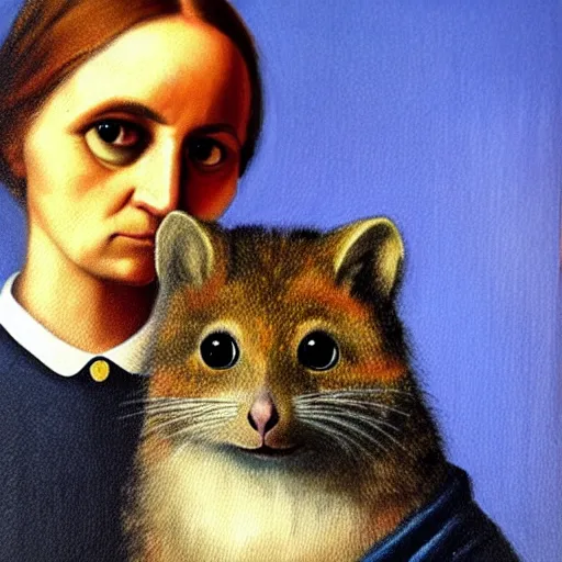 Image similar to portrait painting of cat and quokka in the style of american gothic