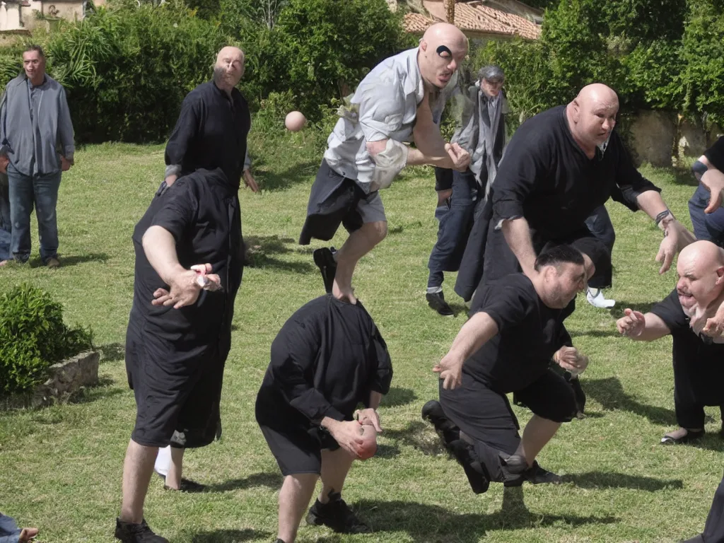 Image similar to nosferatu is playing petanque balls with one french fat dudes in south of france