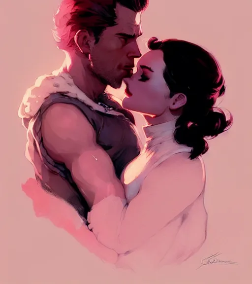 Image similar to portrait of cullen kissing dany by atey ghailan, by greg rutkowski, by greg tocchini, by james gilleard, by joe fenton, by kaethe butcher, dynamic lighting, gradient light pink, brown, blonde cream and white color scheme, grunge aesthetic