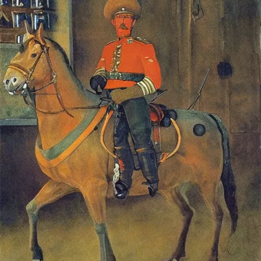 Image similar to painting of a soviet officer on his horse, pistol in his hand, leading his soldiers into battle, fine art, painted by carl larsson , art deco W 1024