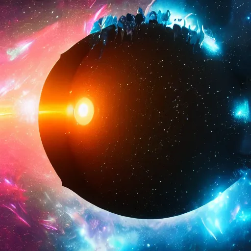 Image similar to glowing glorious 3D black hole in movie, intergalactic, space theme, galaxy colored, hyperdetailed, digital painting, trending on Artstation, cel-shading style, CG society, hyperdetailed, digital painting, hypermaximalist, golden ratio, volumetric, octane render, weta digital, micro details, 3d sculpture